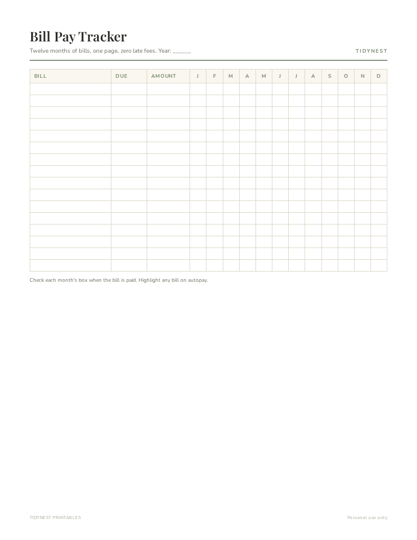 12 month bill tracker printable