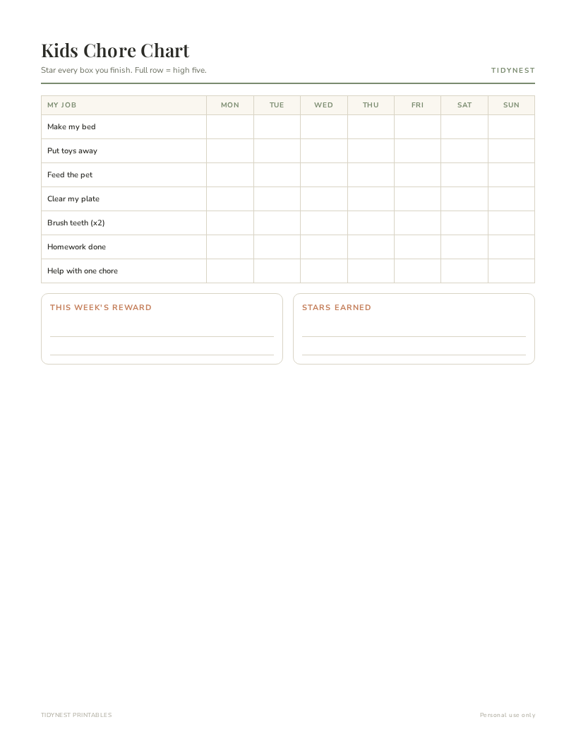 Kids chore chart printable with star boxes
