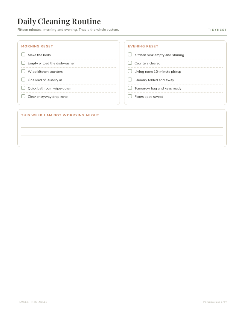 TidyNest daily cleaning routine printable preview