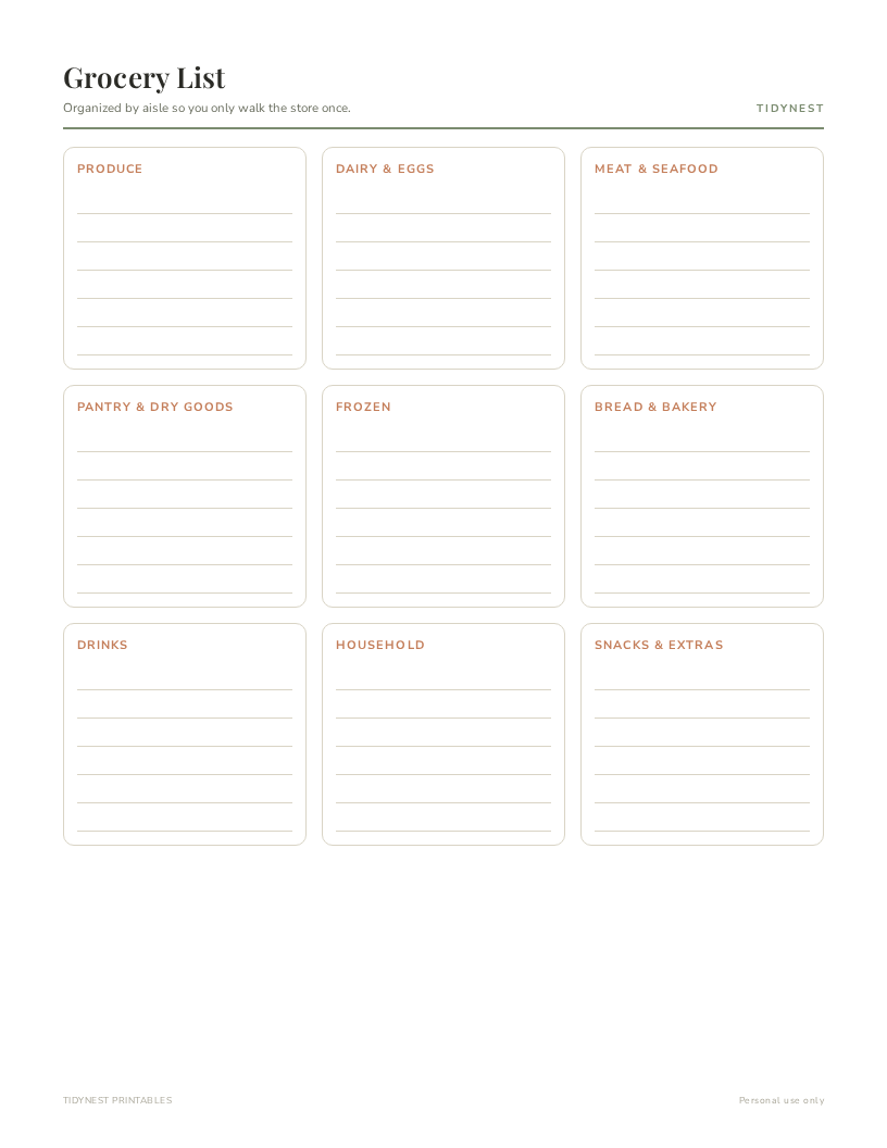 Grocery list printable organized by aisle