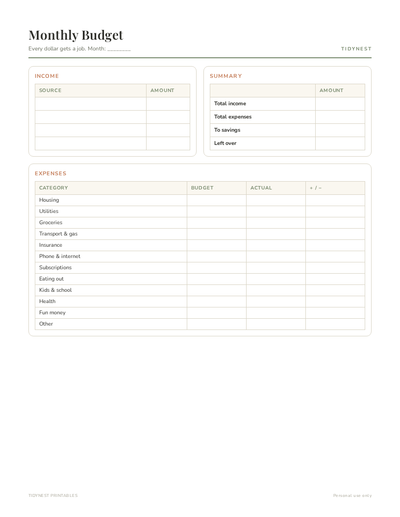 Monthly budget printable sheet