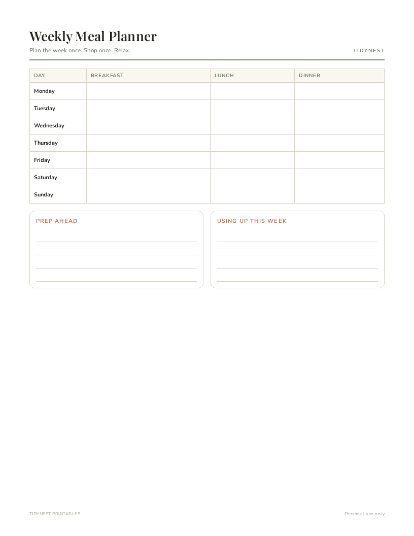 TidyNest weekly meal planner printable preview